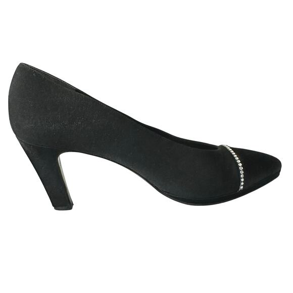 Vintage 80s/90s Stuart Weitzman for Neiman Marcus Black Satin Rhinestone Heels 8 - Picture 8 of 13